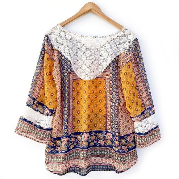 Fig & Flower Blouse Top Boho Relaxed Fit Chiffon Lace Floral Kimono Flowy - Picture 5 of 10
